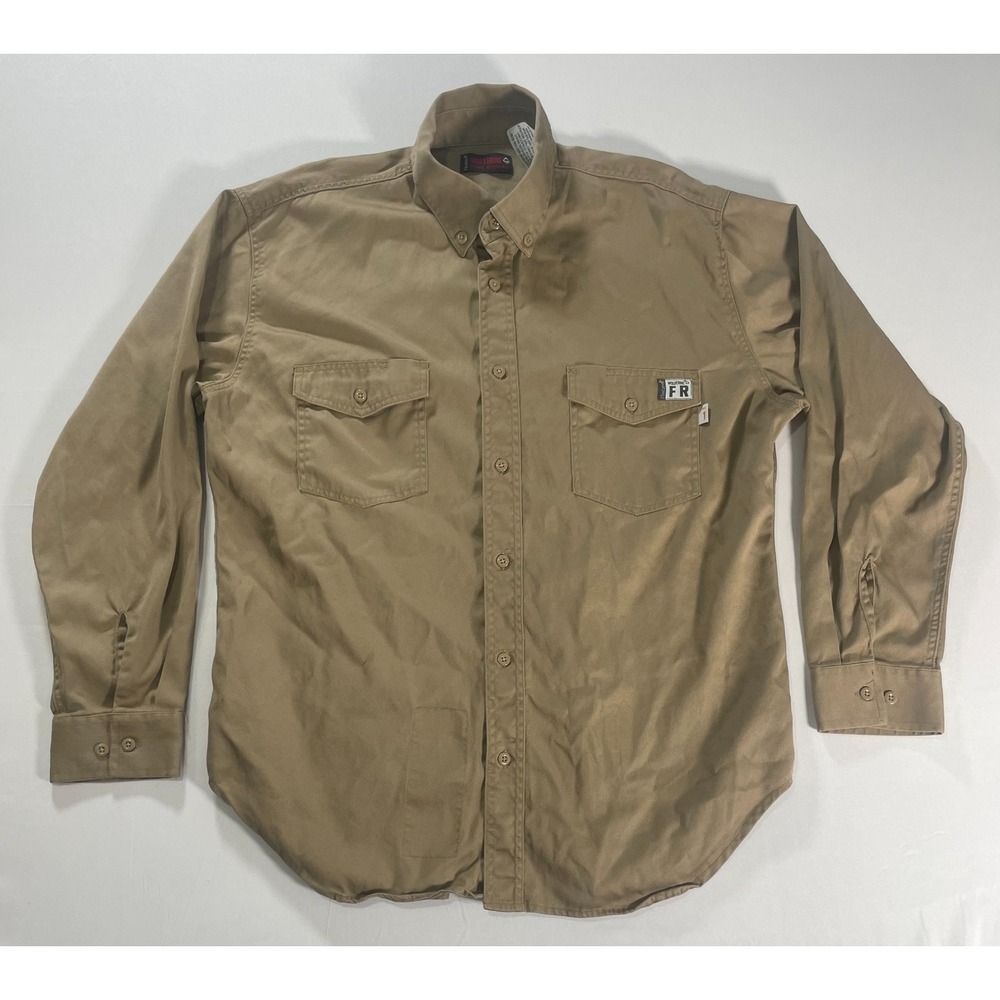 Wolverine Flame Resistant Mens Size XL Button Down Shirt Beige Long Sleeve